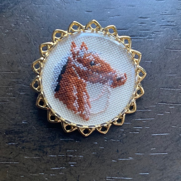 Artisan Jewelry - Petite Point Horse Cross Stitch Brooch Pendant Brooch